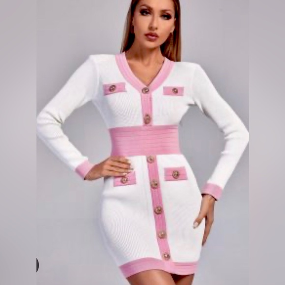 NEW BELLA BARNETT SOLD OUT White Dress w/ Gold Buttons and Pink Trim NWT - Picture 2 of 4